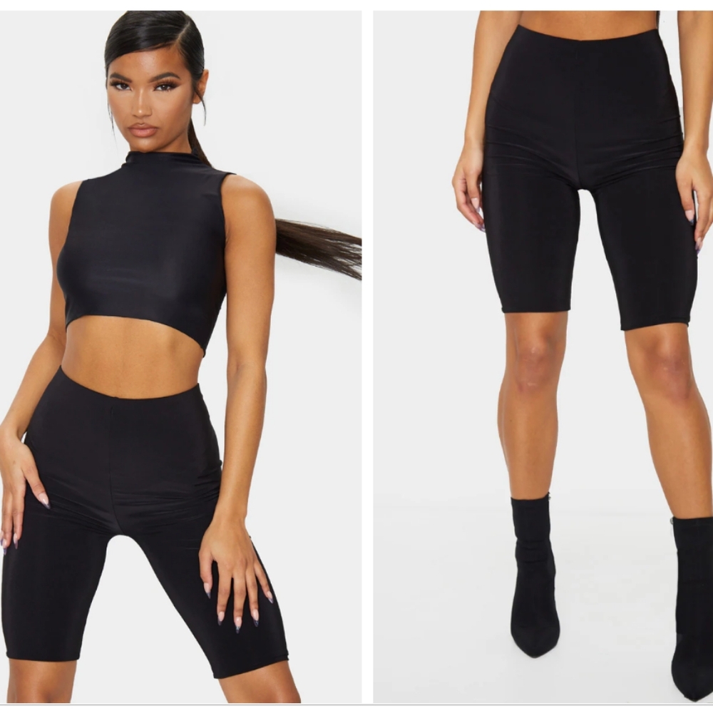 PrettyLittleThing Black Slinky Longline High Waisted Bike Shorts Size 4